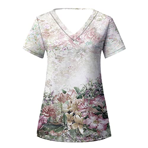 Kasack Damen Pflege Kurzarm - Bunte Blumen Drucken Pflegebekleidung - Medizinische Berufsbekleidung mit Zwei Taschen V-Ausschnitt Einfarbig Pullover Hemdbluse Bequeme Kasack Arbeitskleidung Kasack Damen Pflege Kurzarm - Bunte Blumen Drucken Pflegebekleidung - Medizinische Berufsbekleidung mit Zwei Taschen V-Ausschnitt Einfarbig Pullover Hemdbluse Bequeme Kasack Arbeitskleidung von Generic