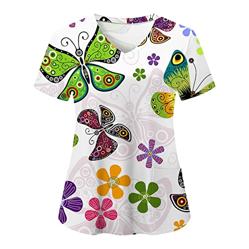 Kasack Damen Pflege Kurzarm - Schmetterling und Blumen Drucken Pflege - Oberteile Arbeitskleidung mit Zwei Taschen V-Ausschnitt Einfarbig Pullover Hemdbluse Bequeme Kasack Berufsbekleidung Kasack Damen Pflege Kurzarm - Schmetterling und Blumen Drucken Pflege - Oberteile Arbeitskleidung mit Zwei Taschen V-Ausschnitt Einfarbig Pullover Hemdbluse Bequeme Kasack Berufsbekleidung von Generic