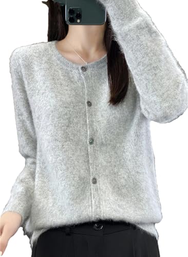 Kaschmir Damen Solide Strickjacke Rundhals Pullover Herbst/Winter Dicker Strick Cardigan Sweater, Hellgrau 9, L von Generic