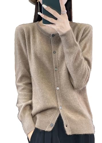 Kaschmir Damen Solide Strickjacke Rundhals Pullover Herbst/Winter Dicker Strick Cardigan Sweater, Khaki9, XX-Large von Generic