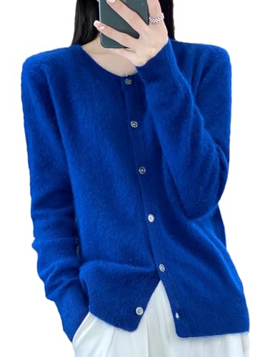 Kaschmir Damen Solide Strickjacke Rundhals Pullover Herbst/Winter Dicker Strick Cardigan Sweater, Seegras blau, XX-Large von Generic