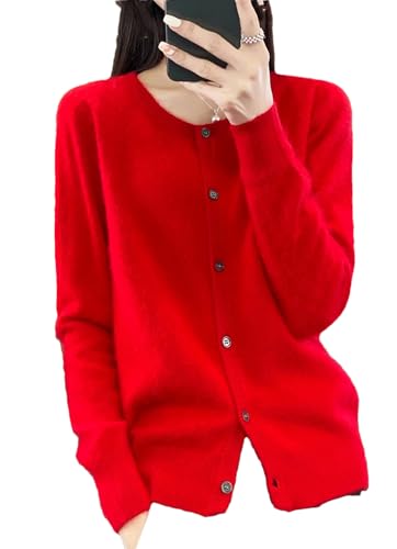 Kaschmir Damen Solide Strickjacke Rundhals Pullover Herbst/Winter Dicker Strick Cardigan Sweater, rot, M von Generic