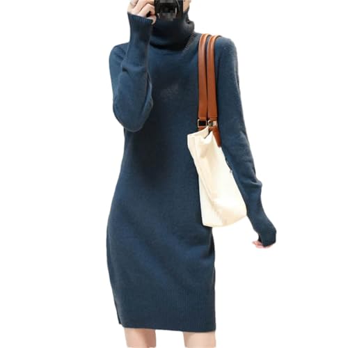 Kaschmir Pullover Damen Kleider Merino Wolle Herbst Winter Rollkragen Strickkleid Weibliche Langarm Röcke, blau, S von Generic