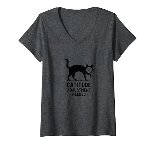 Katitudenanpassung erforderlich: Katzenuhr Humor T-Shirt mit V-Ausschnitt, Damen, Anthrazit Meliert, L von Generic