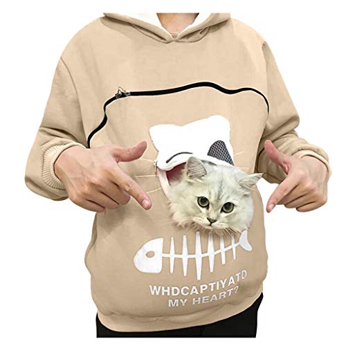 Katzenpullover Damen Hoodie Känguru Tasche Hoody Sweatshirt mit Katzen Hund Tasche Langarmshirt Lässig Hoodie Pullover Haustiertasche Sweatjacke Katzenpulli Haustier Sport Hoodie (Beige, M) von Generic