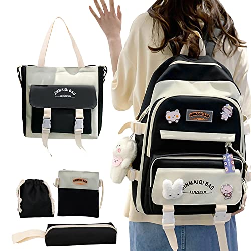 Kawaii Rucksack Combo - Kawaii Schulrucksack Set mit Bärenanhänger - 5er Oxford Canvas Rucksack Charms Pins Patchwork Daypack Bag Kit für Student Boy von Generic