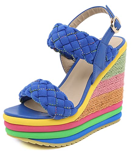 Keil-Espadrilles-Plateau-Sandalen für Damen, bunte High Heel Open Toe Slingback-Sommerschuhe Blau 43 EU von Generic