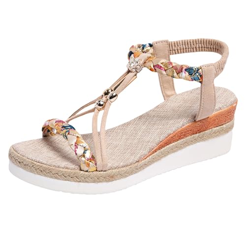Keilabsatz Sandalen Damen Breite Füße Sommer Sandalette Bohemia Sandals mit Strass Perlen Sommerschuhe Bequem Boho Espadrilles Elegan Offene Freizeit Strand Schuhe Frauen Keilsandalen von Generic