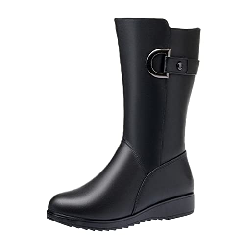 Keile Lederstiefel Für Damen Baumwollstiefel Frauen Warme Stiefel Schneestiefel Reitstiefel für Frauen Breite Wade, Schwarz , 38.5 EU von Generic