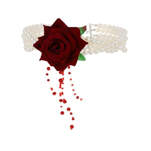 Ketten für Damen wojonifuiliy01 Exquisite, von Hand mit Perlen besetzte Fransenhalskette mit Lagen Perlen Rosen, schillernd für jeden Kette Kette für Partykleidung Alltagskleidung (Red, 15cm) von Generic