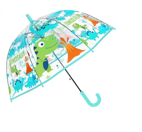 Kids Clear Bubble Umbrella – Perfect for Walking Safety-Grip Curved Handle Transparent Cute Dome See Through Childety Kids Umbrella for Children,Blue Dinosaurier, Blue Dinosaurs von Generic