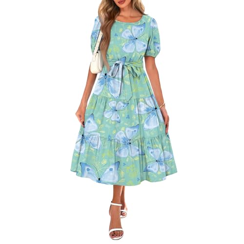 Kimono Damen Sommerkleid Damen Rundhals Puff Ärmel Stufenkleid Boho Blumenkleid Elegant Swing Tunika Kleid mit Taschen Leicht und Luftig Freizeitkleid mit Schnürung D Light Blue S von Generic