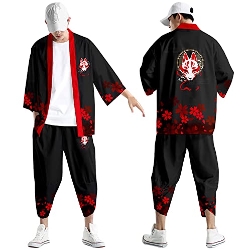 Kimono Set Herren Japanisch Mehrfarbig Druck Lose Cardigan Sommer 3/4 Hülse Kimono Kurzarm Funky Bunte National Print Japanische Bademäntel Baggy Nachthemd Strandhemd T-Shirt Set (Black, L) von Generic