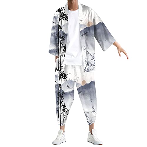 Kimono Set Herren Japanisch Mehrfarbig Druck Lose Cardigan Sommer 3/4 Hülse Kimono Kurzarm Funky Bunte National Print Japanische Bademäntel Baggy Nachthemd Strandhemd T-Shirt Set (Grey #1, M) von Generic