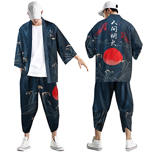 Kimono Set Herren Japanisch Mehrfarbig Druck Lose Cardigan Sommer 3/4 Hülse Kimono Kurzarm Funky Bunte National Print Japanische Bademäntel Baggy Nachthemd Strandhemd T-Shirt Set (Navy-A, XXL) von Generic