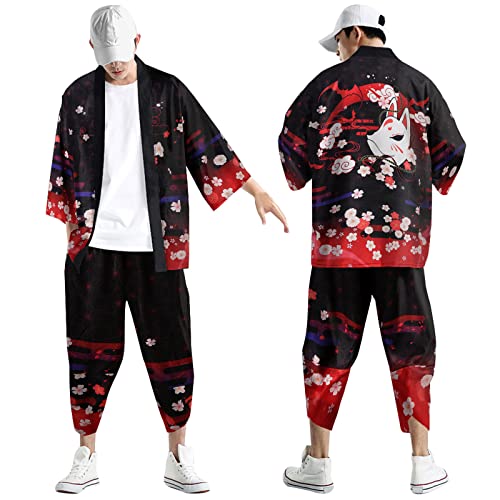 Kimono Set Herren Japanisch Mehrfarbig Druck Lose Cardigan Sommer 3/4 Hülse Kimono Kurzarm Funky Bunte National Print Japanische Bademäntel Baggy Nachthemd Strandhemd T-Shirt Set (Red, XL) von Generic