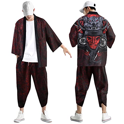 Kimono Set Herren Japanisch Mehrfarbig Druck Lose Cardigan Sommer 3/4 Hülse Kimono Kurzarm Funky Bunte National Print Japanische Bademäntel Baggy Nachthemd Strandhemd T-Shirt Set (Wine-B, XXL) von Generic