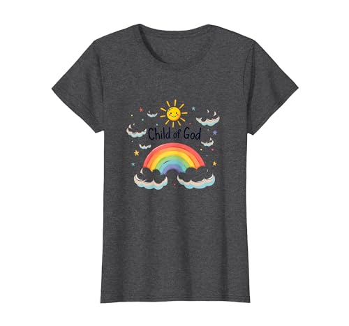 Kind Gottes Christen für Kinder Regenbogen Sonnenschein Wolken T-Shirt, Damen, Anthrazit Meliert, XS von Generic