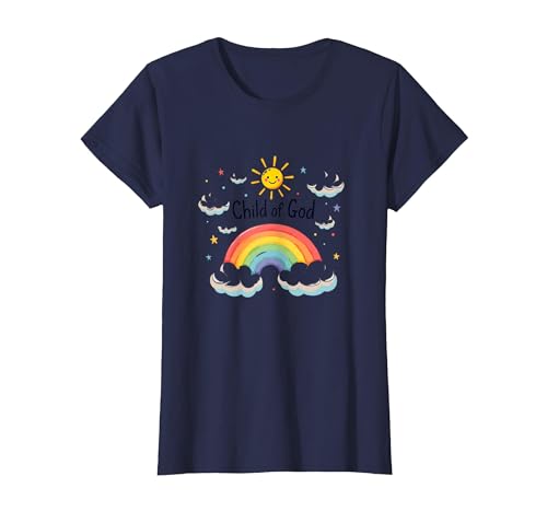 Kind Gottes Christen für Kinder Regenbogen Sonnenschein Wolken T-Shirt, Damen, Marineblau, XS von Generic