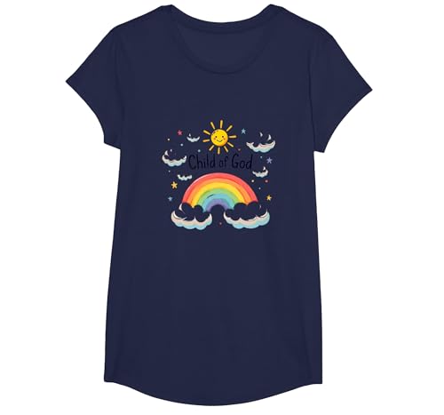 Kind Gottes Christen für Kinder Regenbogen Sonnenschein Wolken T-Shirt, Girls, Marineblau, XS von Generic
