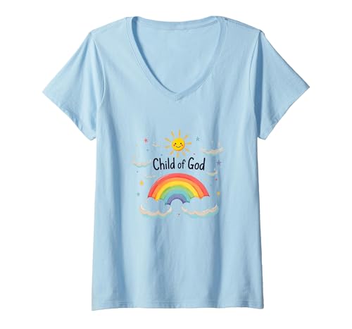 Kind Gottes Christen für Kinder Regenbogen Sonnenschein Wolken T-Shirt mit V-Ausschnitt, Damen, Himmelblau, S von Generic