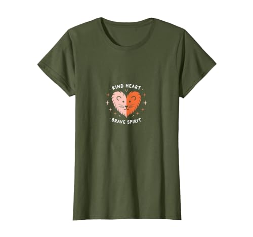 Kind Heart Brave Spirit Lion Inspirational Kindergarten T-Shirt, Damen, Olivgrün, XS von Generic