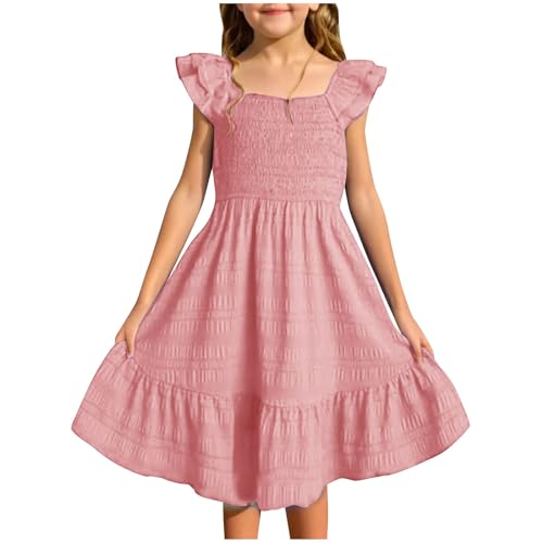 Kinder Abendkleid Mädchen Midikleid A Linien Kleider Elegant Partykleid Mädchen Sommerkleid Lässig Chiffonkleid Leicht Festlicheskleid Einfarbig Freizeitkleid Luftig Trägerkleid (Pink, 3-4 Years) von Generic