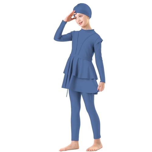 Kinder Baby Mädchen Muslimischen Badeanzug Islamischen Ganzkörper Full Cover Langarm Top Hose Burkini Set Schwimmanzug Einfarbig Bademode Rock mit Mütze Teenager von Generic