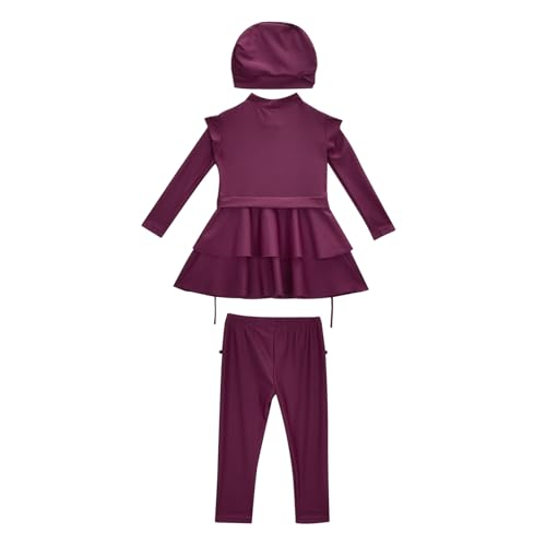 Kinder Baby Mädchen Muslimischen Badeanzug Islamischen Ganzkörper Full Cover Langarm Top Hose Burkini Set Schwimmanzug Einfarbig Bademode Rock mit Mütze Teenager von Generic