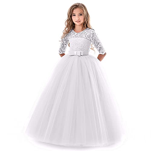 Kinder Boho Spitzenkleid Prinzessinnenkleid mit Binde Gürtel Mädchen Chic A-Linie Lang Blumenmädchenkleider Brautjungfernkleid von Generic