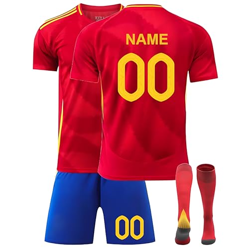 Kinder Fußballtrikot Set Saison 2024/2025 – Personalisierbares Trikot mit Nummer und Namen – Komplettes Heim-/Auswärts-Set + Shorts und Stutzen Spanien-Trikot von Generic