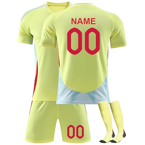 Kinder Fußballtrikot Set Saison 2024/2025 – Personalisierbares Trikot mit Nummer und Namen – Komplettes Heim-/Auswärts-Set + Shorts und Stutzen Spanien-Trikot von Generic
