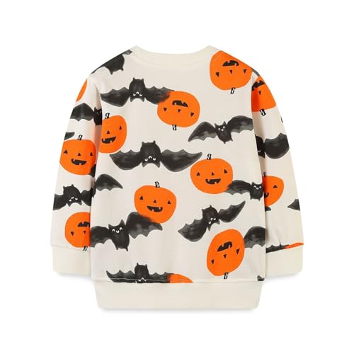 Kinder Jungen Pullover Sweatshirt Halloween Kürbis Fledermaus Druck Langarm Rundhals Pullover Tops Mode Basic Fall Warm Langarmshirt Bottoming Oberteile 2-8 Jahre (Orange, 3-4 Years) von Generic