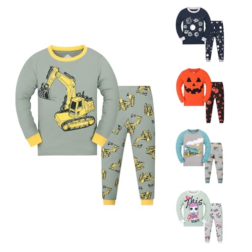 Kinder Jungen Schlafanzug Langarm Baumwolle Winter Pyjama Set Bagger Traktor Weltraum Planeten Auto Zug Zweiteiliger Nachtwäsche von Generic