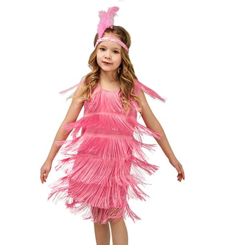 Kinder Kleider the 20er Jahre Fancy Fransenkleid Quaste Tanzkleid Kostüm Mädchen Flapper Kleid mit Perlenkette Feder Stirnband, Paillettenkleid Karneval Kleid Zubehör Flapper Kleid für Mädchen von Generic