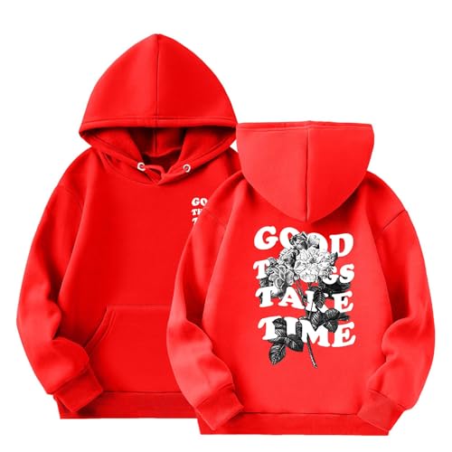 Kinder Mädchen Hoodie Lässige Good Things TAKE TIME Druck Kapuzenpullover Casual Sweatshirt Kuschelhoodie Langarm Oberteile Kinder Pullover Top mit Tasche für 3-14 Jahre (Red, 9-10 Years) von Generic