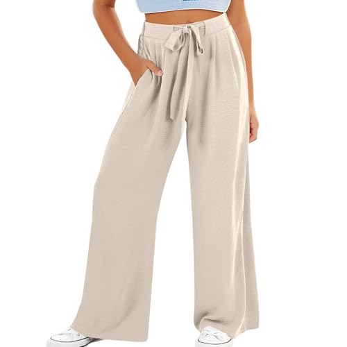 Kinder Mädchen Hose Mit weitem Bein Sommerhose Elastische Taille lässige Hose Mit Taschen Hohe Taille Strand-Palazzo-Hose Lange Sommerhose Elegant Weites Bein Hosen Freizeithosen (Beige, 8-9 Years) von Generic