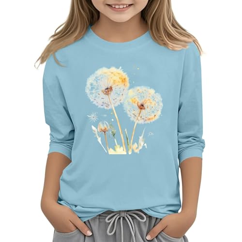 Kinder Mädchen T-Shirt weiches Baumwoll Dämmungs Material langärmlig Rundhals Pullover lässige Passform niedlicher Pusteblumen Print modisches und elastisches Oberteil (Blue, 8-9 Years) von Generic
