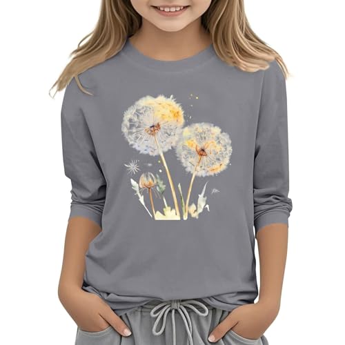 Kinder Mädchen T-Shirt weiches Baumwoll Dämmungs Material langärmlig Rundhals Pullover lässige Passform niedlicher Pusteblumen Print modisches und elastisches Oberteil (Dark Gray, 8-9 Years) von Generic