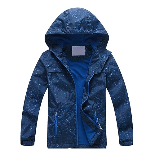 Kinder Regenjacke Wasserdicht Outdoorjacke Leichte Windjacke Softshelljacke mit Kapuze Regenfeste Windjacke mit Reißverschluss für im Freien, bunt bedruckte, langärmlige (Blue, 7-8 Years) von Generic