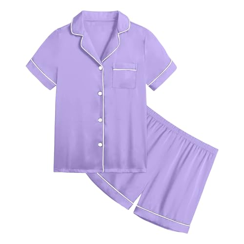 Kinder Schlafanzug Mädchen Satin Pyjama Kurz 2 Stück Jungen schlafanzüge mit Button Down Teenager Seide Nachtwäsche Geschenke Silk Pyjama Set für Mädchen Leichte von Generic