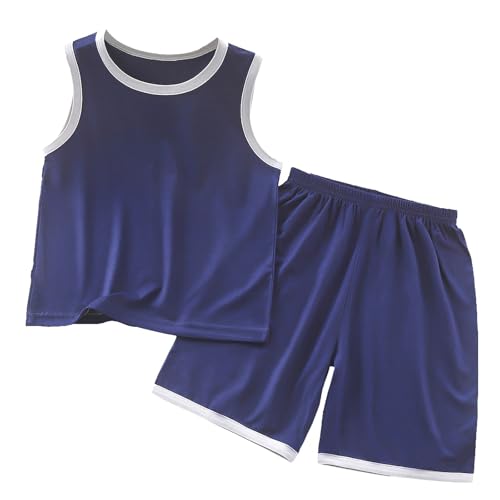 Kinder Schlafanzug aus Modal Jungen kurz Ärmelloser Hochwertiger und bequemer Schlafanzug aus Baumwoll Modal Mix Zweiteilig Nachtwäsche Pyjamaset für Jungen (Dark Blue, 5-6 Years) von Generic