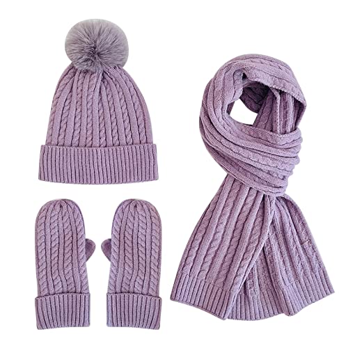 Kinder-Set aus Mütze, Schal und Schneehandschuhen, für Jungen, Winter, Damen, Strickmütze, Schal und Handschuhe, einfarbig, Plus samtige Wollmütze, warm, flexibel, verstellbar, (Purple, One Size) von Generic