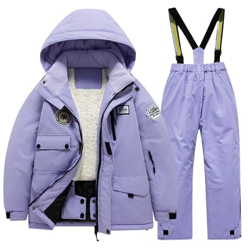 Kinder Skianzug mit Kaputze Schneeanzug Mädchen Junge Verdickte Fleecegefüttert Skijacke + Skihose 2tlg Wasserdicht Winddicht Skianzüge Daunenjacket Skihosen (Purple, 12) von Generic