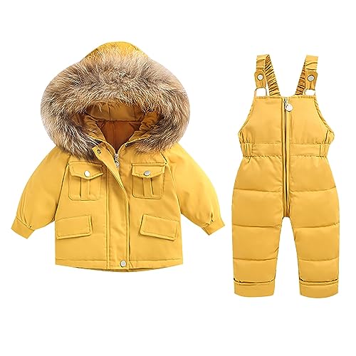 Kinder Skianzug mit Kaputze Winddicht Schneeanzug Baby Mädchen Junge Verdickte Fleecegefüttert Skijacke + Skihose 2 Teilig mit Reißverschluss Wasserdicht Einfarbig Skianzüge (Yellow, 18-24 Months) von Generic