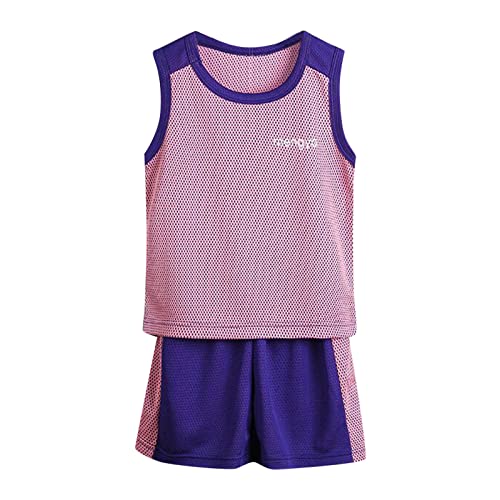 Kinder Sport Kleidung Set T-Shirt+Hosen Kleinkind Jungen Ärmellos Mode Patchwork Farbe Atmungsaktives Mesh Coole Tops Shorts 2 STÜCKE Sport Outfits Kleidung Set Sommer Outfits (Purple, 4-5 Years) von Generic