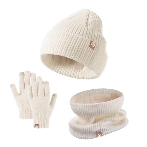 Kinder Strickmütze + Loop Schal + Handschuhe Set, Baumwollmütze Junge Mädchen Weich Kinder Beanie Mütze Nackenwärmer Halsbänder Halstuch Handschuh für Herbst Winter (Beige, Einheitsgröße) von Generic