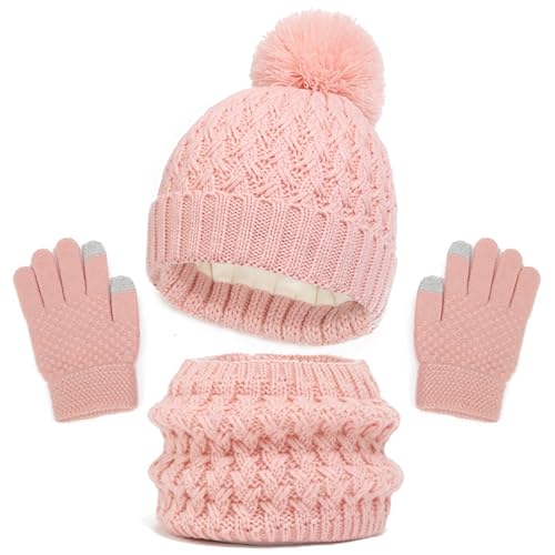 Kinder Strickmütze + Loop Schal + Handschuhe Set, Baumwollmütze Junge Mädchen Weich Kinder Beanie Mütze Nackenwärmer Halsbänder Halstuch Handschuh für Herbst Winter (X-00-Rosa, 1-6 Jahre) von Generic