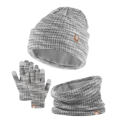 Kinder Strickmütze + Loop Schal + Handschuhe Set, Baumwollmütze Junge Mädchen Weich Kinder Beanie Mütze Nackenwärmer Halsbänder Halstuch Handschuh für Herbst Winter (X-10-Grau, 5-12 Jahre) von Generic