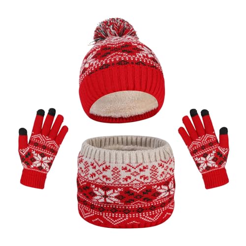 Kinder Strickmütze + Loop Schal + Handschuhe Set, Baumwollmütze Junge Mädchen Weich Kinder Beanie Mütze Nackenwärmer Halsbänder Halstuch Handschuh für Herbst Winter (X-50-Rot, 5-10 Jahre) von Generic